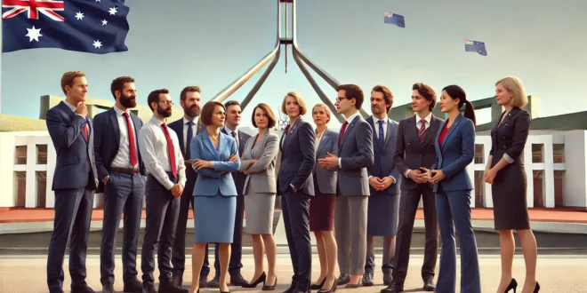 A group of independent Members of Parliament (MPs) in Australia standing together in front of the Australian Parliament House in Canberra. They are dr