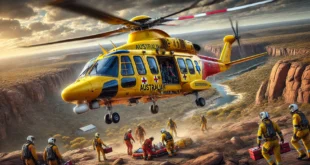 A realistic depiction of an Australian rescue helicopter in action. The helicopter, painted in bright emergency colors like yellow and red, hovers abo