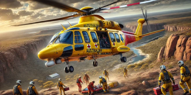 A realistic depiction of an Australian rescue helicopter in action. The helicopter, painted in bright emergency colors like yellow and red, hovers abo