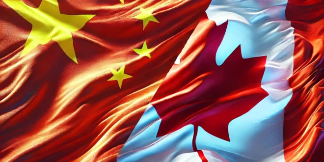 A realistic flag design merging the Chinese and Canadian flags. The flag is waving in the wind, with one half featuring the red and yellow stars of Ch