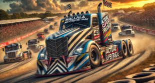 A thrilling scene of actual Super Trucks, massive big rigs, racing at Mallala Motorsport Park after a 15-year hiatus. The image showcases powerful sem