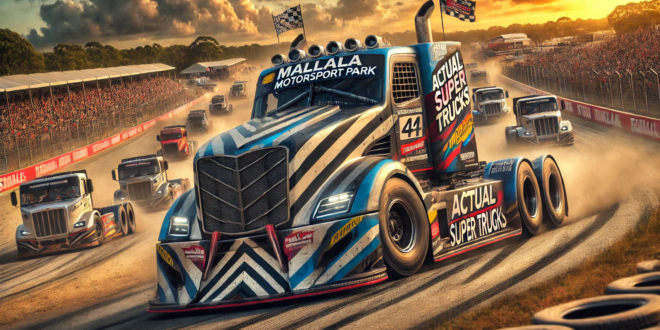 A thrilling scene of actual Super Trucks, massive big rigs, racing at Mallala Motorsport Park after a 15-year hiatus. The image showcases powerful sem